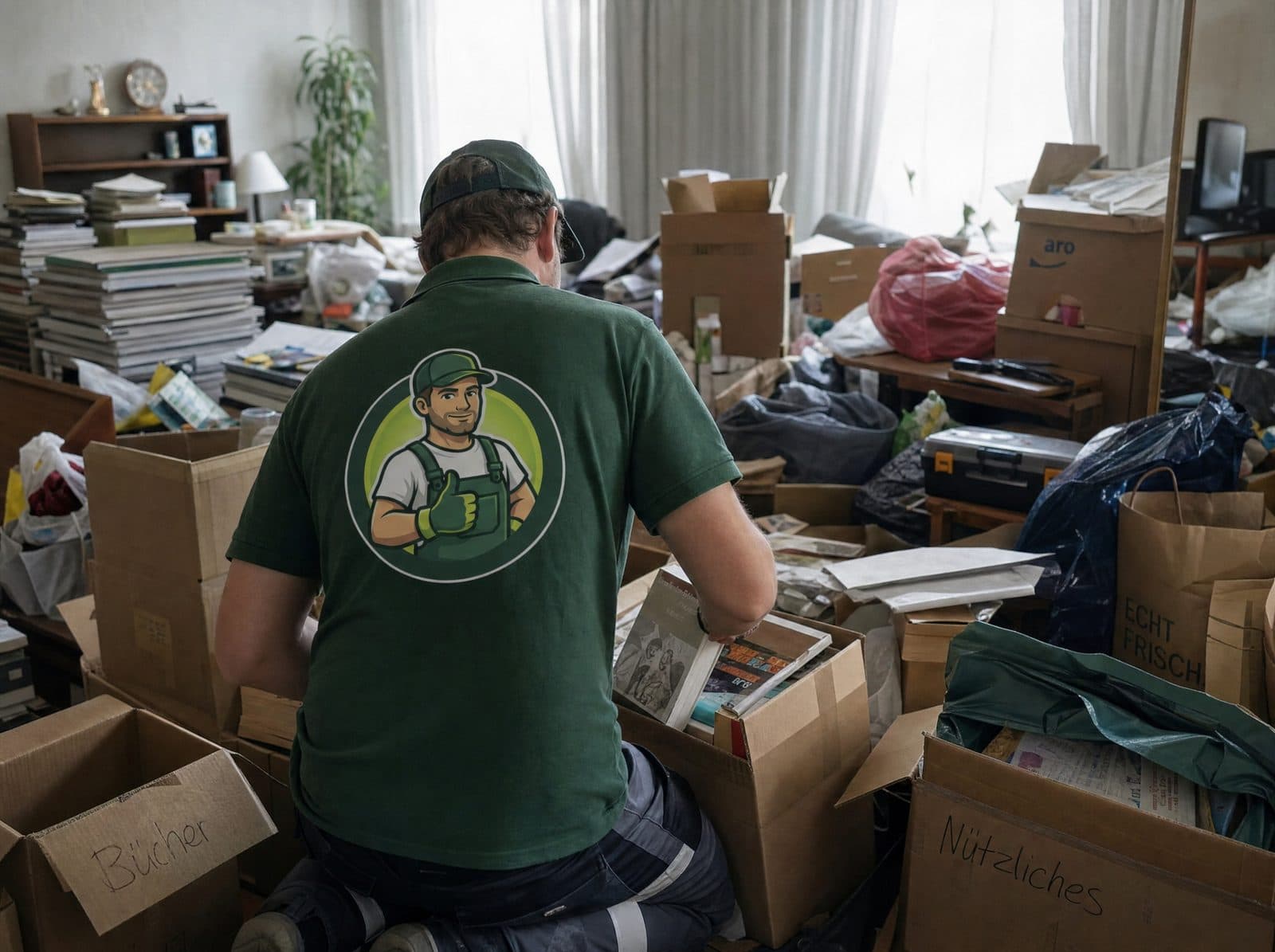 Mitarbeiter sortiert und räumt diskret ein stark vollgestelltes Wohnzimmer