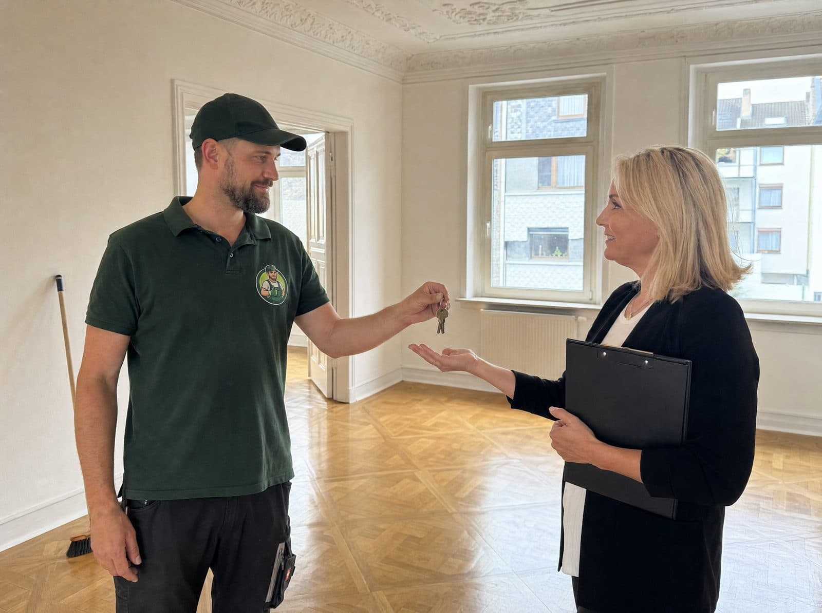 Besenrein geräumte Mietwohnung nach einer Wohnungsauflösung, Mitarbeiter übergibt die Schlüssel
